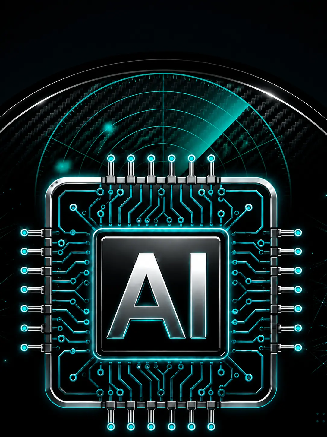 Metallic Limoette AI circuit core with aqua radar scan