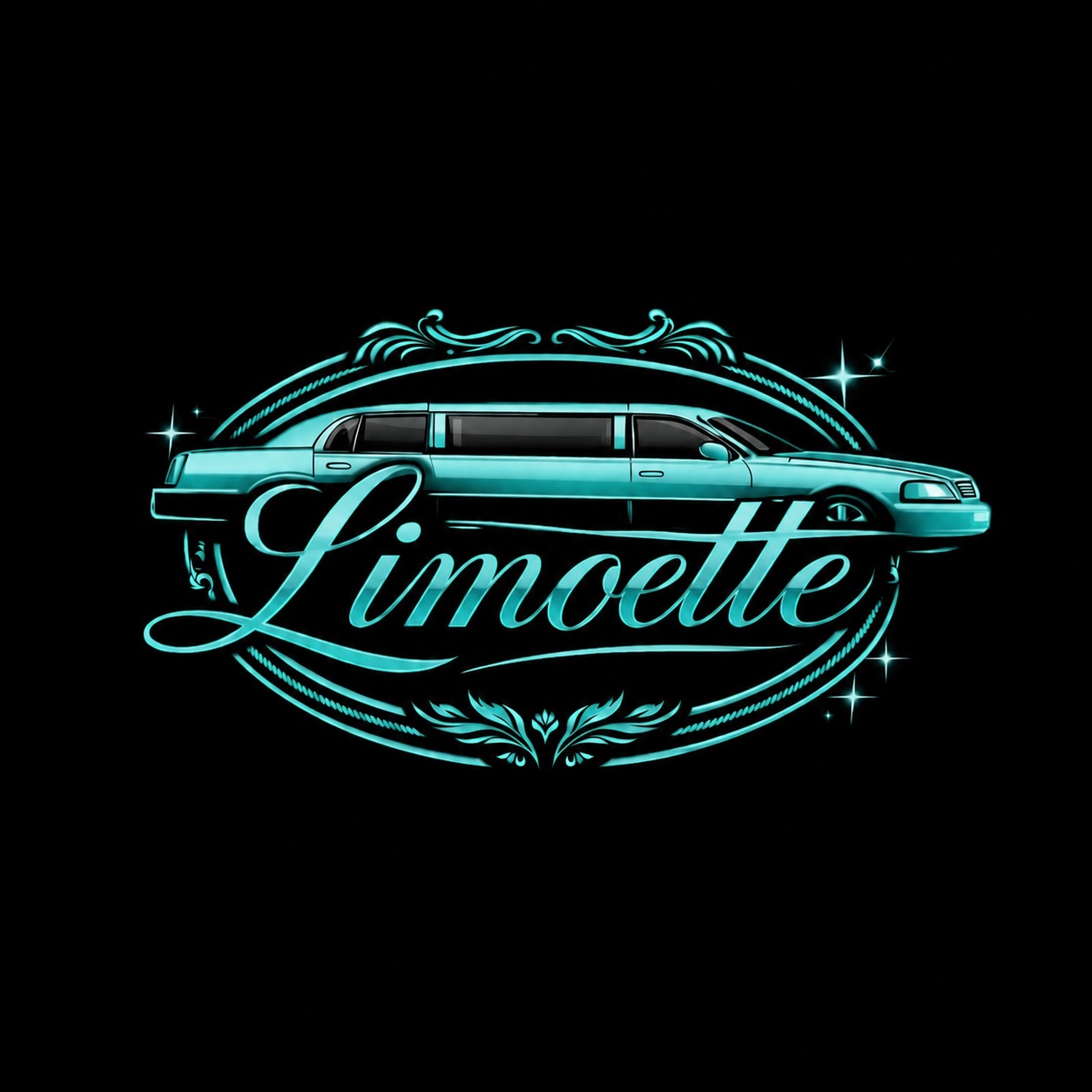 Limoette turquoise limousine emblem on black