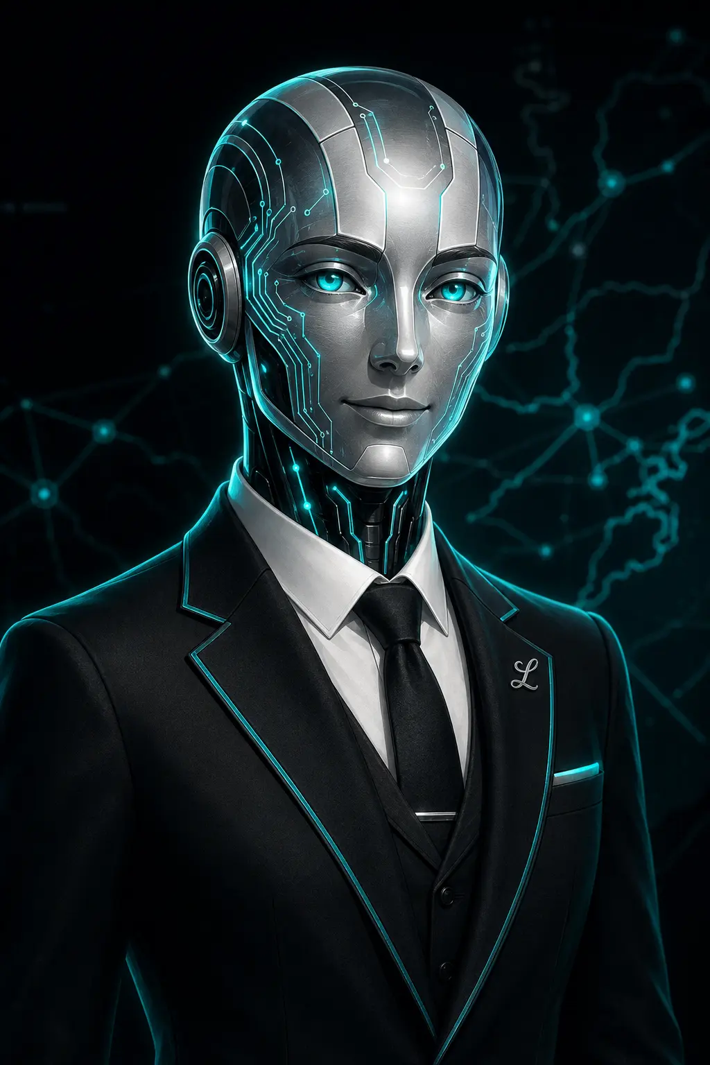 Limoette Intelligence Agent in an obsidian suit with aqua circuitry
