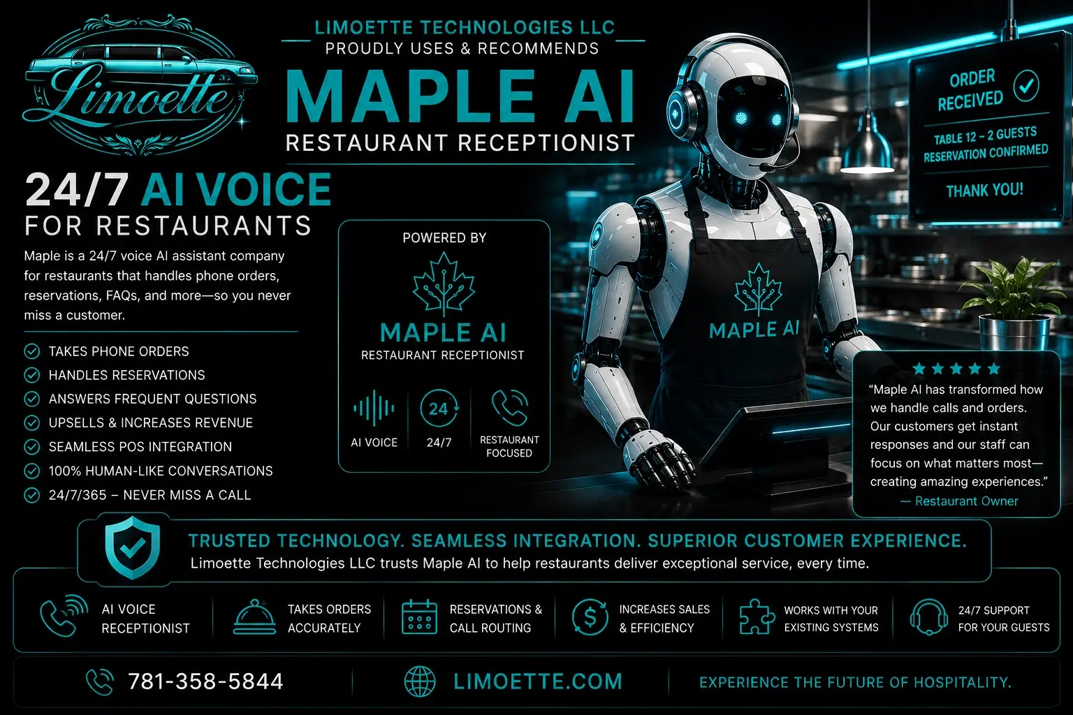Maple AI Restaurant Receptionist recommended by Limoette Technologies LLC